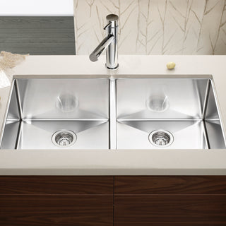 Radius R10 35" 50/50 Double Bowl Undermount Stainless Steel Kitchen SInk